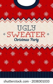 Ugly sweater Christmas Greeting Card X-mas 2022 Happy New Year. Vector illustration knitted background pattern scandinavian ornaments. White, red, blue colors knitting. Flat style