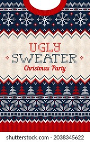 Ugly Sweater Christmas Greeting Card X-mas 2022 Happy New Year. Vector Illustration Knitted Background Pattern Scandinavian Ornaments. White, Red, Blue Colors Knitting. Flat Style Knit