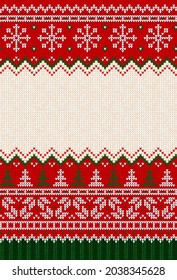 Ugly sweater Christmas Greeting Card X-mas 2022 Happy New Year. Vector illustration knitted background pattern scandinavian ornaments. White, red, green colors knitting. Flat style knit