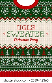 Ugly sweater Christmas Greeting Card X-mas 2022 Happy New Year. Vector illustration knitted background pattern scandinavian ornaments. White, red, green colors knitting. Flat style knit