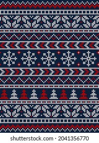 Ugly sweater Christmas Greeting Card X-mas Happy New Year. Vector illustration seamless knitted background pattern scandinavian ornaments. White, red, green colors knitting. Flat style knit