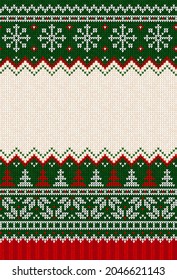 Ugly sweater Christmas Greeting Card X-mas 2022 Happy New Year. Vector illustration knitted background pattern scandinavian ornaments. White, red, green colors knitting. Flat style knit