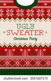 Ugly sweater Christmas Greeting Card X-mas 2022 Happy New Year. Vector illustration knitted background pattern scandinavian ornaments. White, red, green colors knitting. Flat style knit