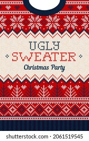 Ugly sweater Christmas Greeting Card X-mas 2022 Happy New Year. Vector illustration knitted background pattern scandinavian ornaments. White, red, green colors knitting. Flat style knit