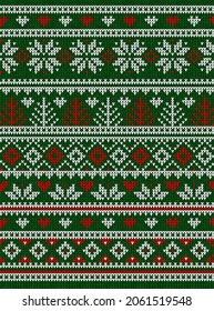 Ugly sweater Christmas Greeting Card X-mas Happy New Year. Vector illustration knitted background pattern scandinavian ornaments. White, red, green colors knitting. Flat style knit