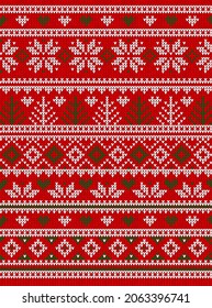 Ugly sweater Christmas Greeting Card X-mas Happy New Year. Vector illustration knitted background pattern scandinavian ornaments. White, red, green colors knitting. Flat style knit