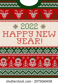 Ugly sweater Christmas Greeting Card X-mas 2020 Happy New Year. Vector illustration knitted background pattern scandinavian ornaments. White, red, green colors knitting. Flat style