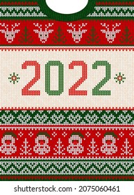 Ugly sweater Christmas Greeting Card X-mas 2020 Happy New Year. Vector illustration knitted background pattern scandinavian ornaments. White, red, green colors knitting. Flat style