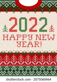 Ugly sweater Christmas Greeting Card X-mas 2020 Happy New Year. Vector illustration knitted background pattern scandinavian ornaments. White, red, green colors knitting. Flat style