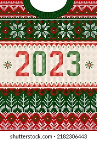 Ugly sweater Christmas Greeting Card X-mas 2023 Happy New Year. Vector illustration knitted background pattern scandinavian ornaments. White, red, green colors knitting. Flat style