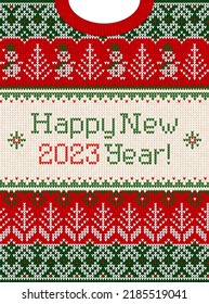 Ugly sweater Christmas Greeting Card X-mas 2023 Happy New Year. Vector illustration knitted background pattern scandinavian ornaments. White, red, green colors knitting. Flat style