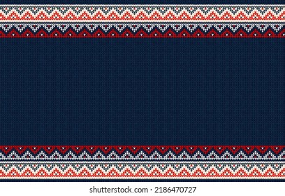 Ugly sweater Christmas Greeting Card X-mas 2022 Happy New Year. Vector illustration knitted background border pattern scandinavian ornaments. White, red, blue colors knitting. Flat style