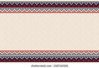 Ugly sweater Christmas Greeting Card X-mas 2022 Happy New Year. Vector illustration knitted background border pattern scandinavian ornaments. White, red, blue colors knitting. Flat style