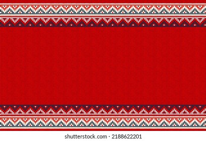 Ugly sweater Christmas Greeting Card X-mas 2022 Happy New Year. Vector illustration knitted background border pattern scandinavian ornaments. White, red, blue colors knitting. Flat style