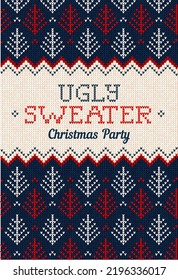 Ugly sweater Christmas Greeting Card X-mas 2022 Happy New Year. Vector illustration knitted background pattern scandinavian ornaments. White, red, blue colors knitting. Flat style knit