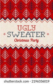 Ugly sweater Christmas Greeting Card X-mas 2022 Happy New Year. Vector illustration knitted background pattern scandinavian ornaments. White, red, blue colors knitting. Flat style knit