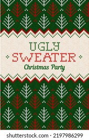 Ugly sweater Christmas Greeting Card X-mas 2022 Happy New Year. Vector illustration knitted background pattern scandinavian ornaments. White, red, green colors knitting. Flat style knit