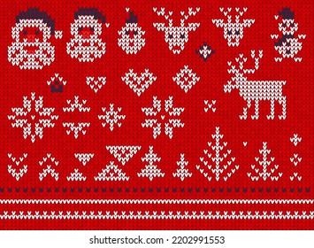 Ugly sweater Christmas Greeting Card X-mas Happy New Year. Vector illustration set, collection knitted background pattern scandinavian ornaments. White, red, blue colors knitting. Flat style knit