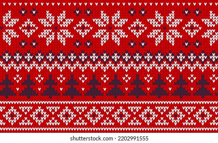 Ugly sweater Christmas Greeting Card X-mas Happy New Year. Vector illustration seamless knitted background pattern scandinavian ornaments. White, red, blue colors knitting. Flat style knit