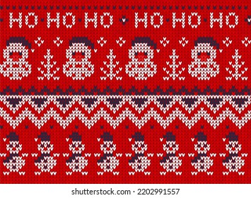 Ugly sweater Christmas Greeting Card X-mas Happy New Year. Vector illustration seamless knitted background pattern scandinavian ornaments. White, red, blue colors knitting. Flat style knit