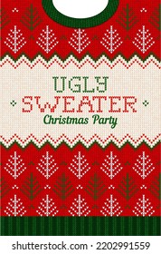 Ugly sweater Christmas Greeting Card X-mas 2022 Happy New Year. Vector illustration knitted background pattern scandinavian ornaments. White, red, green colors knitting. Flat style knit