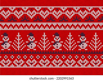 Ugly sweater Christmas Greeting Card X-mas Happy New Year. Vector illustration seamless knitted background pattern scandinavian ornaments. White, red, blue colors knitting. Flat style knit