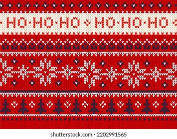 Ugly sweater Christmas Greeting Card X-mas Happy New Year. Vector illustration seamless knitted background pattern scandinavian ornaments. White, red, blue colors knitting. Flat style knit