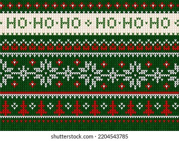 Ugly sweater Christmas Greeting Card X-mas Happy New Year. Vector illustration seamless knitted background pattern scandinavian ornaments. White, red, green colors knitting. Flat style knit