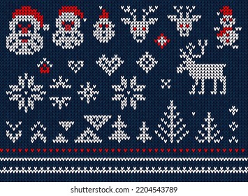 Ugly sweater Christmas Greeting Card X-mas Happy New Year. Vector illustration set, collection knitted background pattern scandinavian ornaments. White, red, blue colors knitting. Flat style knit