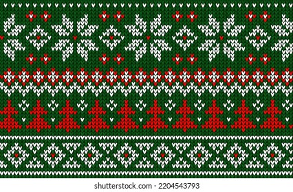 Ugly sweater Christmas Greeting Card X-mas Happy New Year. Vector illustration seamless knitted background pattern scandinavian ornaments. White, red, green colors knitting. Flat style knit