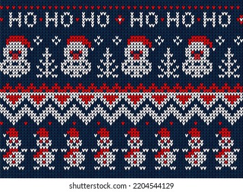 Ugly sweater Christmas Greeting Card X-mas Happy New Year. Vector illustration seamless knitted background pattern scandinavian ornaments. White, red, blue colors knitting. Flat style knit