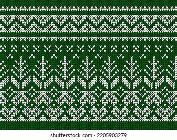 Ugly sweater Christmas Greeting Card X-mas Happy New Year. Vector illustration seamless knitted background pattern scandinavian ornaments. White, red, green colors knitting. Flat style knit