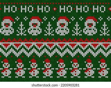 Ugly sweater Christmas Greeting Card X-mas Happy New Year. Vector illustration seamless knitted background pattern scandinavian ornaments. White, red, green colors knitting. Flat style knit