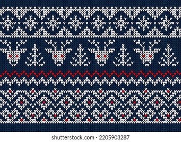 Ugly sweater Christmas Greeting Card X-mas Happy New Year. Vector illustration seamless knitted background pattern scandinavian ornaments. White, red, blue colors knitting. Flat style knit