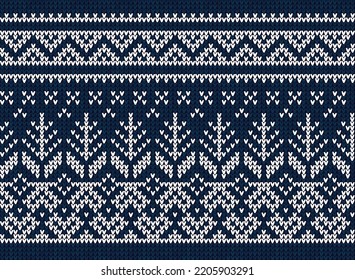 Ugly sweater Christmas Greeting Card X-mas Happy New Year. Vector illustration seamless knitted background pattern scandinavian ornaments. White, red, blue colors knitting. Flat style knit