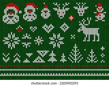 Ugly sweater Christmas Greeting Card X-mas Happy New Year. Vector illustration set, collection knitted background pattern scandinavian ornaments. White, red, green colors knitting. Flat style knit