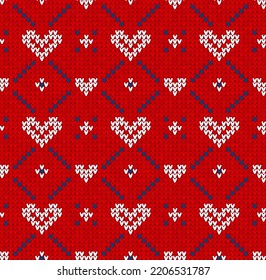 Ugly sweater Christmas Greeting Card X-mas 2023 Happy New Year. Vector illustration knitted background semless pattern scandinavian ornaments. White, blue colors knitting. Flat style