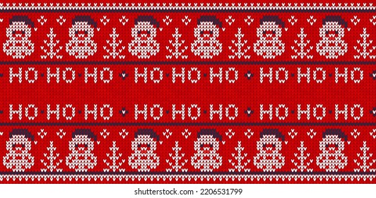Ugly sweater Christmas Greeting Card X-mas 2023 Happy New Year. Vector illustration knitted background border pattern scandinavian ornaments. White, blue, red colors knitting. Flat style