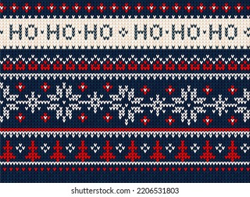 Ugly sweater Christmas Greeting Card X-mas Happy New Year. Vector illustration seamless knitted background pattern scandinavian ornaments. White, red, blue colors knitting. Flat style knit