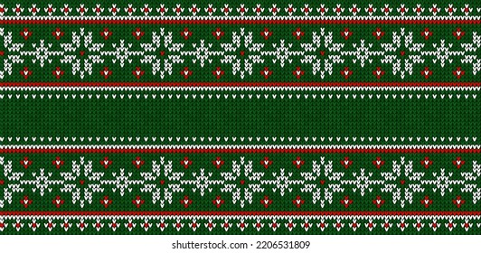 Ugly sweater Christmas Greeting Card X-mas 2023 Happy New Year. Vector illustration knitted background border pattern scandinavian ornaments. White, green, red colors knitting. Flat style