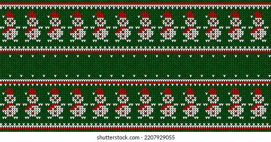 Ugly sweater Christmas Greeting Card X-mas 2023 Happy New Year. Vector illustration knitted background border pattern scandinavian ornaments. White, green colors knitting. Flat style