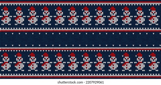 Ugly sweater Christmas Greeting Card X-mas 2023 Happy New Year. Vector illustration knitted background border pattern scandinavian ornaments. White, red, blue colors knitting. Flat style