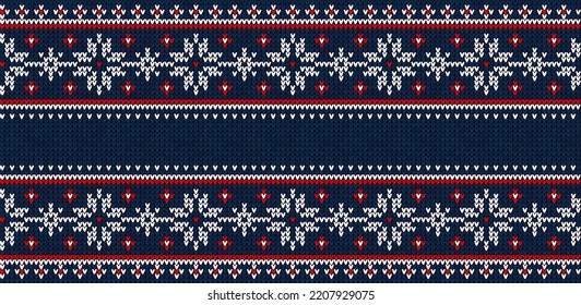 Ugly sweater Christmas Greeting Card X-mas 2023 Happy New Year. Vector illustration knitted background border pattern scandinavian ornaments. White, blue, red colors knitting. Flat style