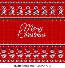 Ugly sweater Christmas Greeting Card X-mas 2023 Happy New Year. Vector illustration knitted background border pattern scandinavian ornaments. White, red, blue colors knitting. Flat style