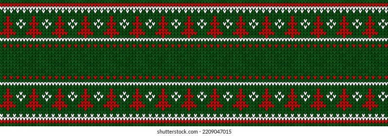 Ugly sweater Christmas Greeting Card X-mas 2023 Happy New Year. Vector illustration knitted background border pattern scandinavian ornaments. White, green, red colors knitting. Flat style