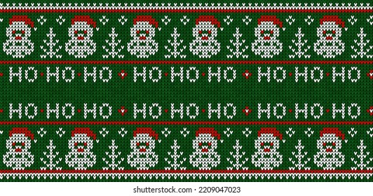 Ugly sweater Christmas Greeting Card X-mas 2023 Happy New Year. Vector illustration knitted background border pattern scandinavian ornaments. White, green colors knitting. Flat style