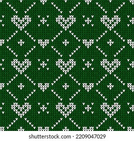Ugly sweater Christmas Greeting Card X-mas 2023 Happy New Year. Vector illustration knitted background semless pattern scandinavian ornaments. White, green colors knitting. Flat style