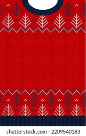 Ugly sweater Christmas Greeting Card X-mas 2022 Happy New Year. Vector illustration knitted background pattern scandinavian ornaments. White, red, blue colors knitting. Flat style knit