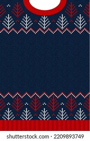 Ugly sweater Christmas Greeting Card X-mas 2022 Happy New Year. Vector illustration knitted background pattern scandinavian ornaments. White, red, blue colors knitting. Flat style knit