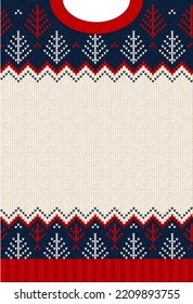 Ugly sweater Christmas Greeting Card X-mas 2022 Happy New Year. Vector illustration knitted background pattern scandinavian ornaments. White, red, blue colors knitting. Flat style knit